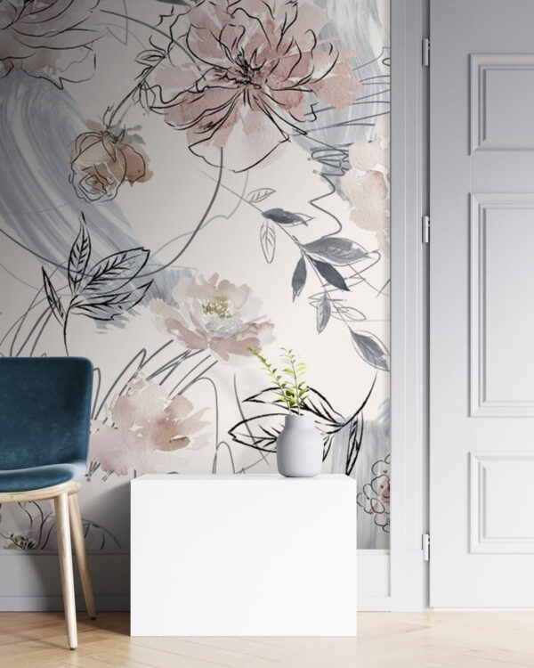 Florales Muster mit schwarzen und weißen Blumen Florales Muster mit schwarzen und weißen Blumen