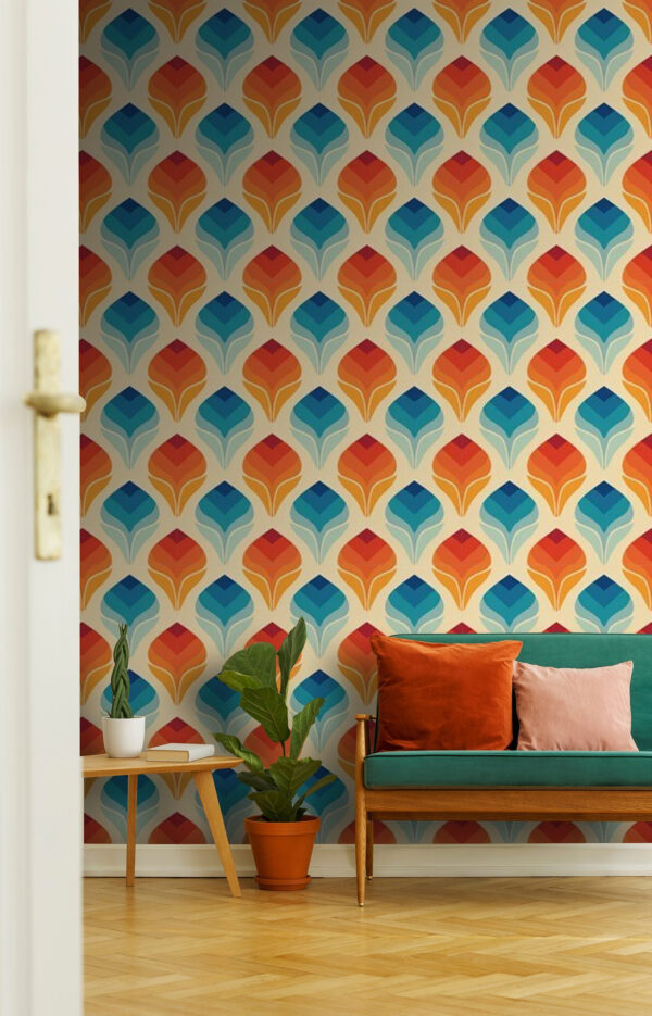 Muster aus orangefarbenen und blauen Blättern Muster aus orangefarbenen und blauen Blättern