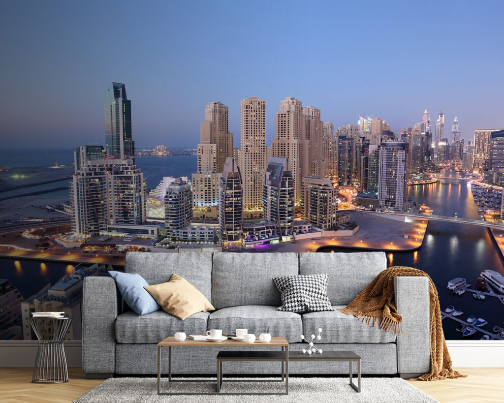 City with lights on the water