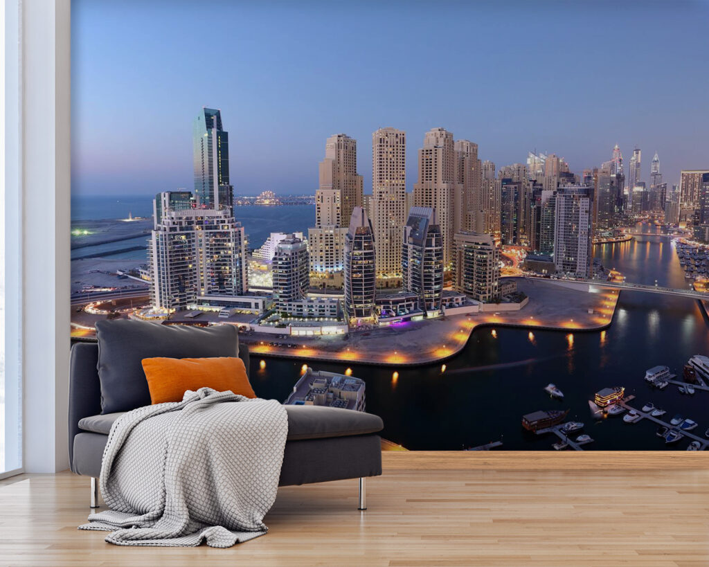 City with lights on the water