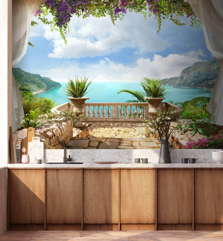 Balkon mit Pflanzen und Blick auf das Meer Balkon mit Pflanzen und Blick auf das Meer