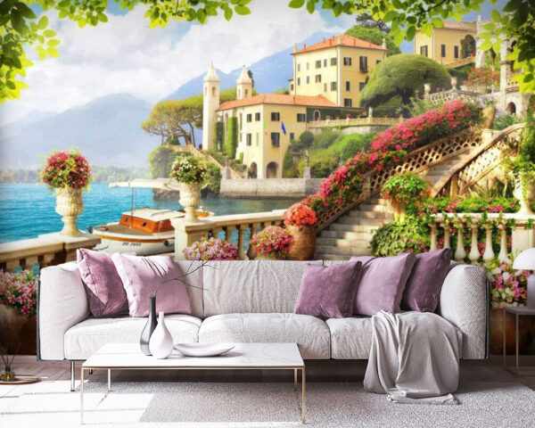 Steinpromenade mit Treppen und Blumen an der Wasserseite Steinpromenade mit Treppen und Blumen an der Wasserseite