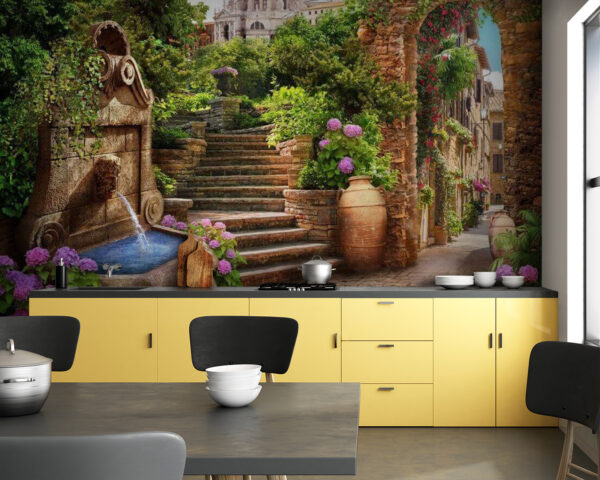Steinweg mit Springbrunnen, Treppen und Blumen Steinweg mit Springbrunnen, Treppen und Blumen