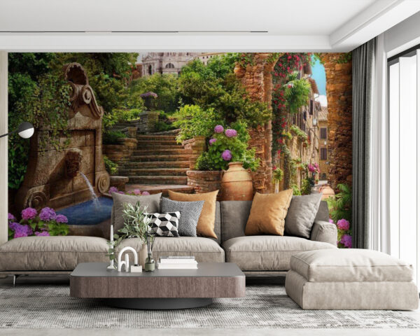 Steinweg mit Springbrunnen, Treppen und Blumen Steinweg mit Springbrunnen, Treppen und Blumen