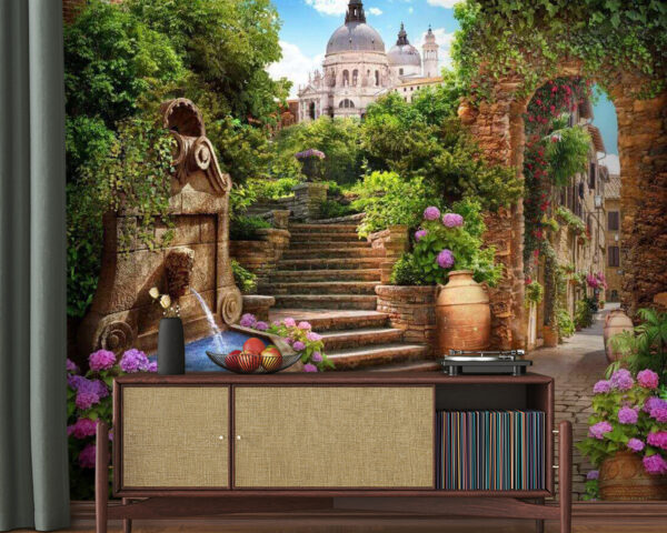 Steinweg mit Springbrunnen, Treppen und Blumen Steinweg mit Springbrunnen, Treppen und Blumen