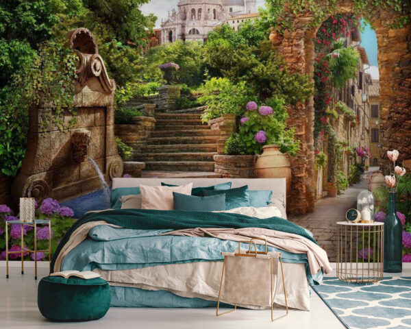 Steinweg mit Springbrunnen, Treppen und Blumen Steinweg mit Springbrunnen, Treppen und Blumen