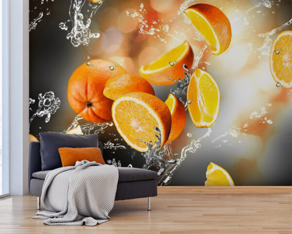 Ins Wasser fallende Orangen mit Wasserspritzern Ins Wasser fallende Orangen mit Wasserspritzern