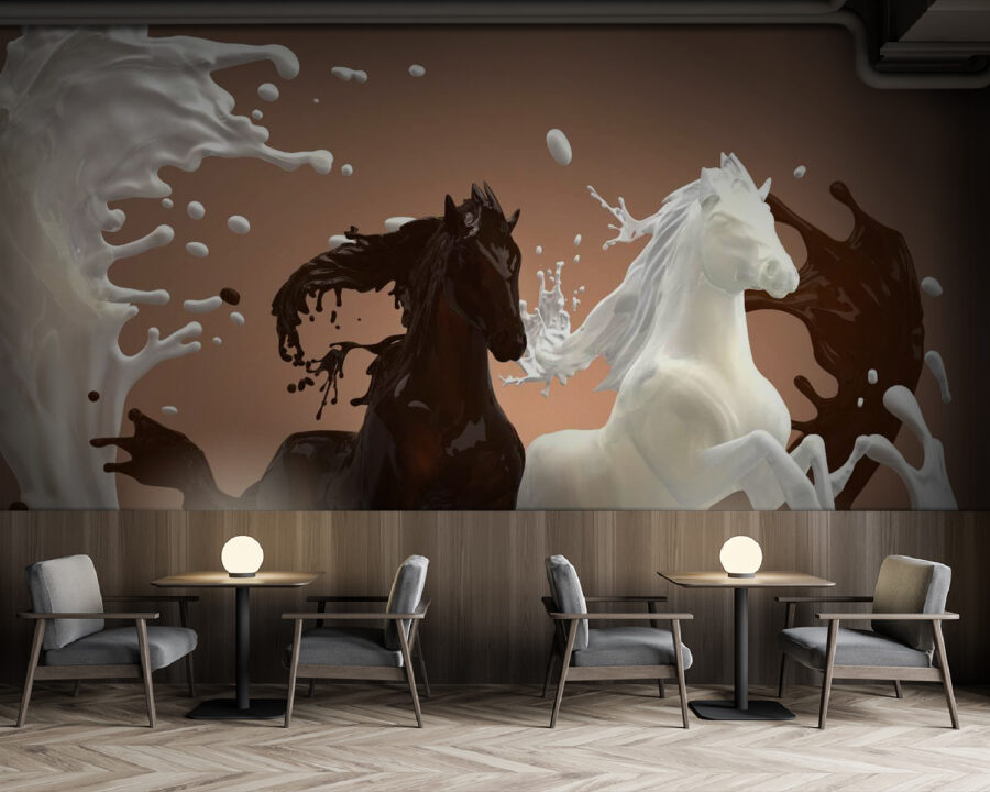 Pferd mit Milch, die es umspritzt Pferd mit Milch, die es umspritzt