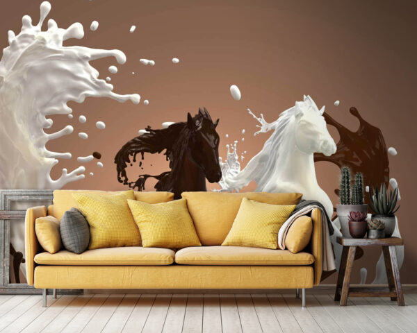 Pferd mit Milch, die es umspritzt Pferd mit Milch, die es umspritzt