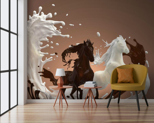 Pferd mit Milch, die es umspritzt Pferd mit Milch, die es umspritzt
