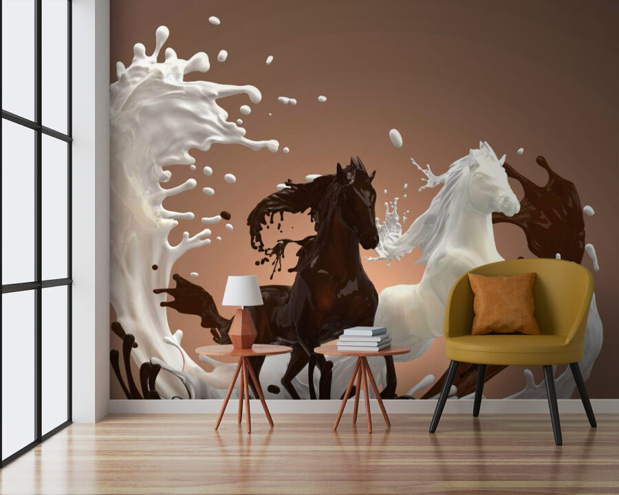 Pferd mit Milch, die es umspritzt Pferd mit Milch, die es umspritzt