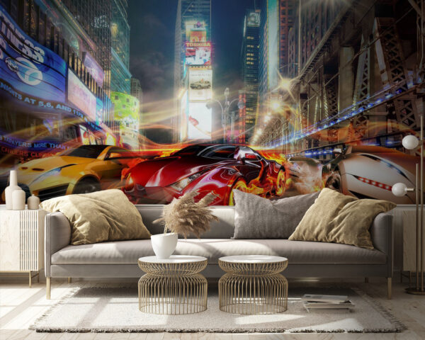 Car on fire in a city