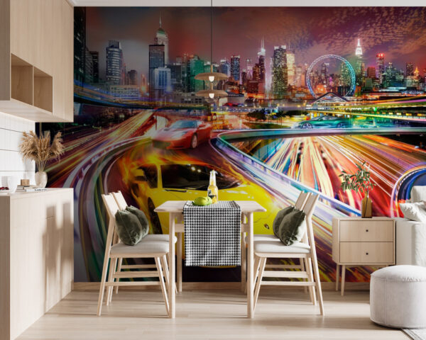 Yellow and red sports cars on a road with a city in the background Yellow and red sports cars on a road with a city in the background