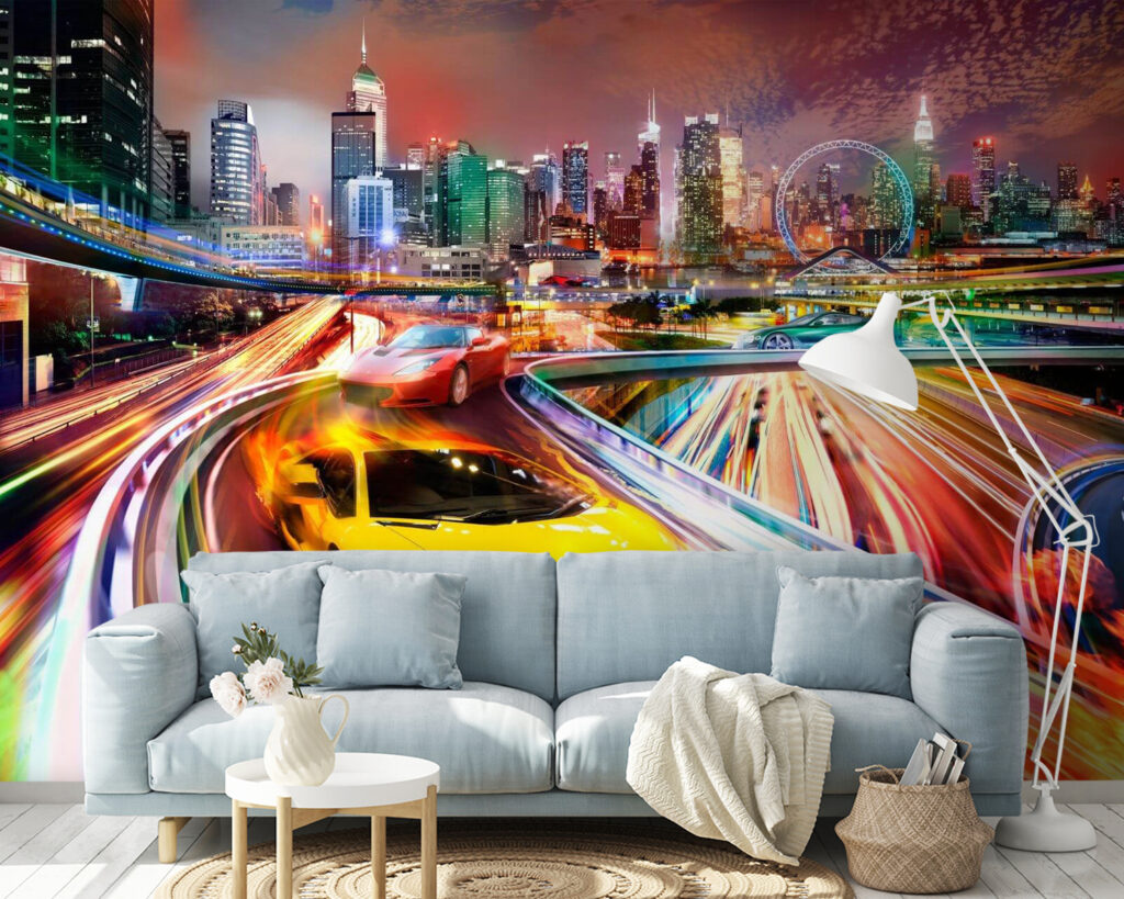 Yellow and red sports cars on a road with a city in the background Yellow and red sports cars on a road with a city in the background