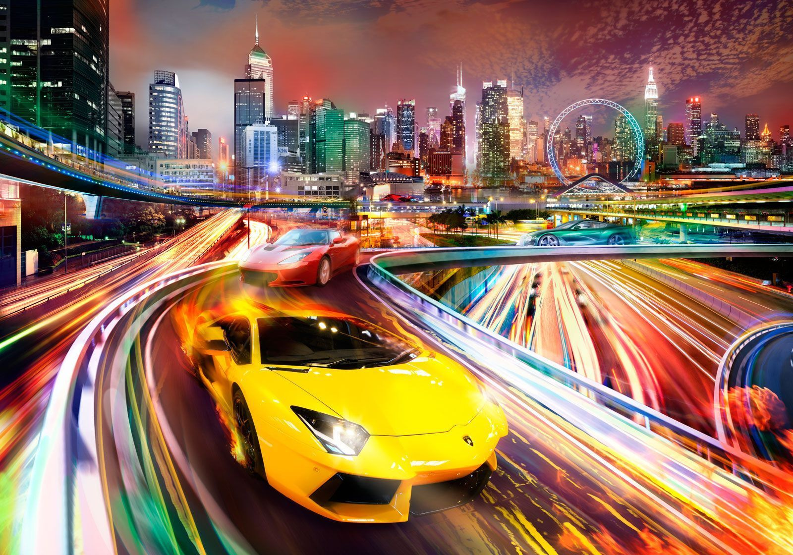 Yellow and red sports cars on a road with a city in the background Yellow and red sports cars on a road with a city in the background