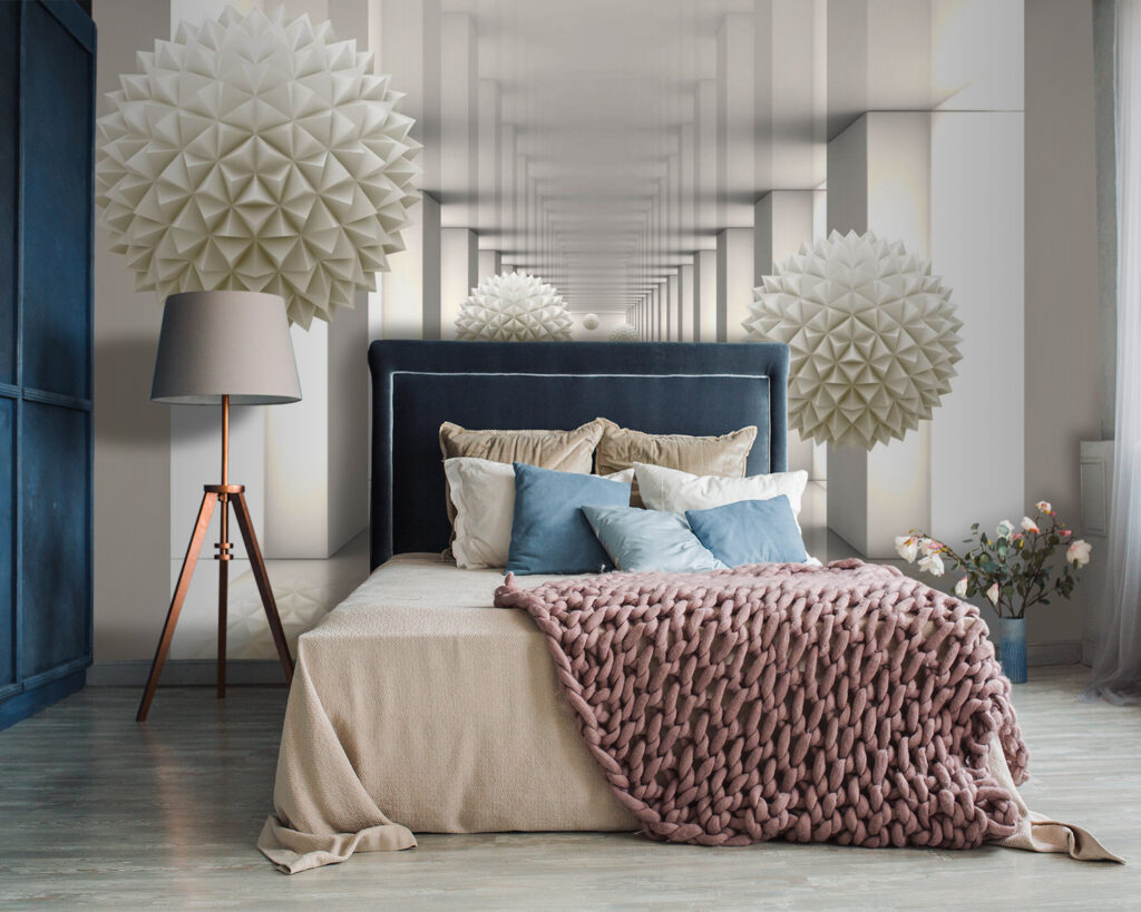 White room with white columns and white balls