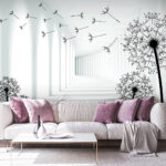 Fototapeten Fahrrad fahrendes Mädchen in einem Raum mit Löwenzahn