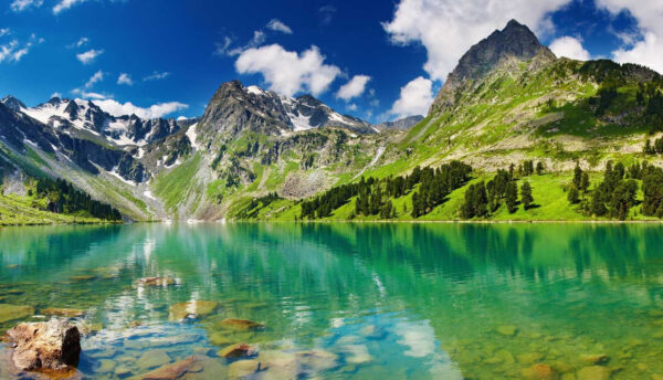 Wasserfläche mit Bergen und Bäumen Wasserfläche mit Bergen und Bäumen
