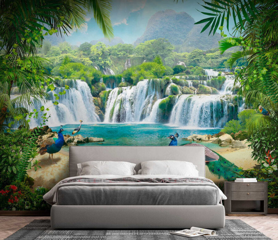 Wasserfall und Vögel in einem Wald Wasserfall und Vögel in einem Wald