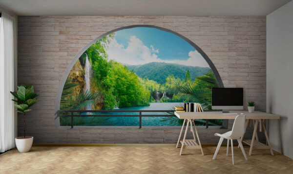 Fenster mit einem Wasserfall und Bäumen Fenster mit einem Wasserfall und Bäumen