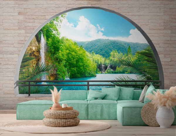 Fenster mit einem Wasserfall und Bäumen Fenster mit einem Wasserfall und Bäumen