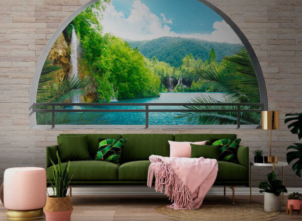 Fenster mit einem Wasserfall und Bäumen Fenster mit einem Wasserfall und Bäumen