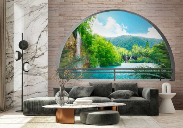 Fenster mit einem Wasserfall und Bäumen Fenster mit einem Wasserfall und Bäumen