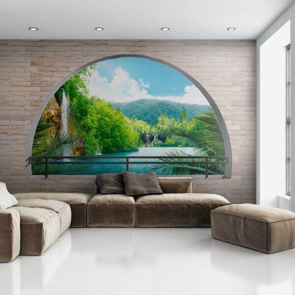 Fenster mit einem Wasserfall und Bäumen Fenster mit einem Wasserfall und Bäumen