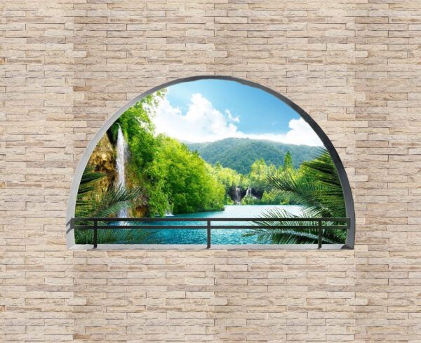 Fenster mit einem Wasserfall und Bäumen Fenster mit einem Wasserfall und Bäumen