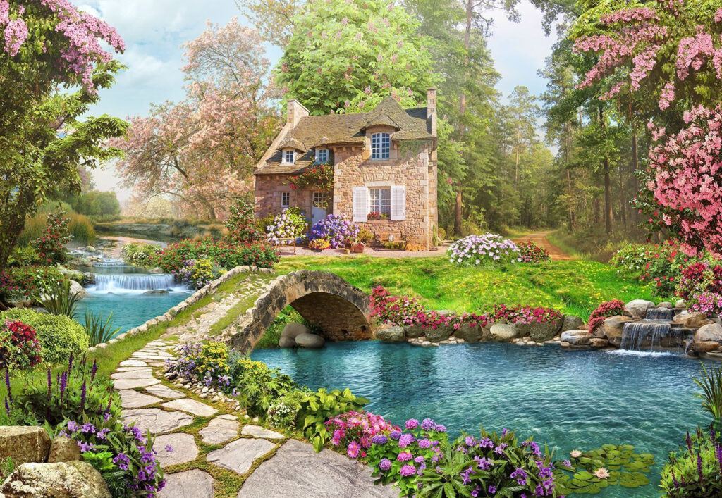 Steinbrücke über einen Teich mit einem Haus und Bäumen Steinbrücke über einen Teich mit einem Haus und Bäumen