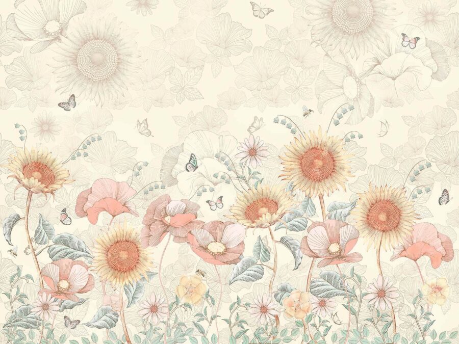 Tapete mit Blumen und Schmetterlingen