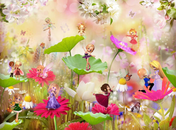 Gruppe von Cartoon-Feen auf Blumen Gruppe von Cartoon-Feen auf Blumen