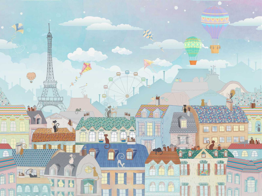 Cartoon-Stadt mit vielen Gebäuden und Heißluftballons Cartoon-Stadt mit vielen Gebäuden und Heißluftballons
