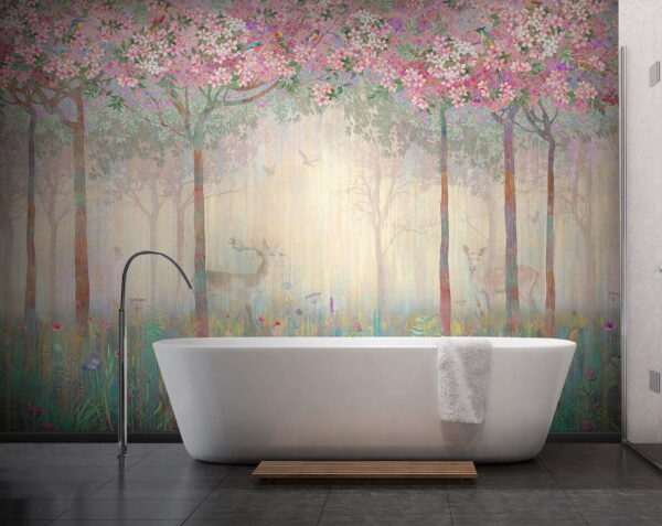 Gemälde eines Waldes mit Bäumen und Blumen Gemälde eines Waldes mit Bäumen und Blumen