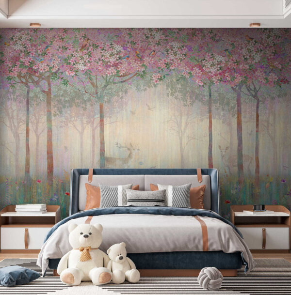 Gemälde eines Waldes mit Bäumen und Blumen Gemälde eines Waldes mit Bäumen und Blumen