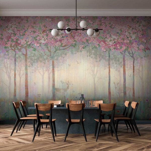 Gemälde eines Waldes mit Bäumen und Blumen Gemälde eines Waldes mit Bäumen und Blumen