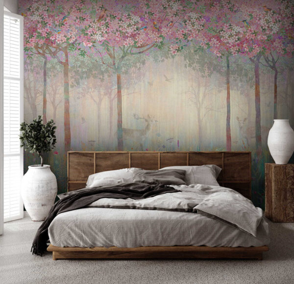 Gemälde eines Waldes mit Bäumen und Blumen Gemälde eines Waldes mit Bäumen und Blumen