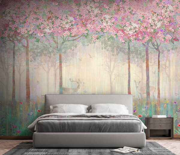 Gemälde eines Waldes mit Bäumen und Blumen Gemälde eines Waldes mit Bäumen und Blumen
