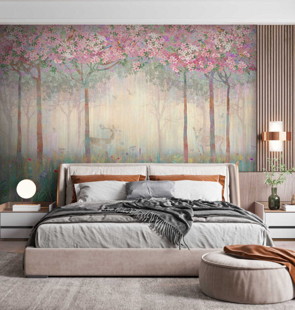 Gemälde eines Waldes mit Bäumen und Blumen Gemälde eines Waldes mit Bäumen und Blumen