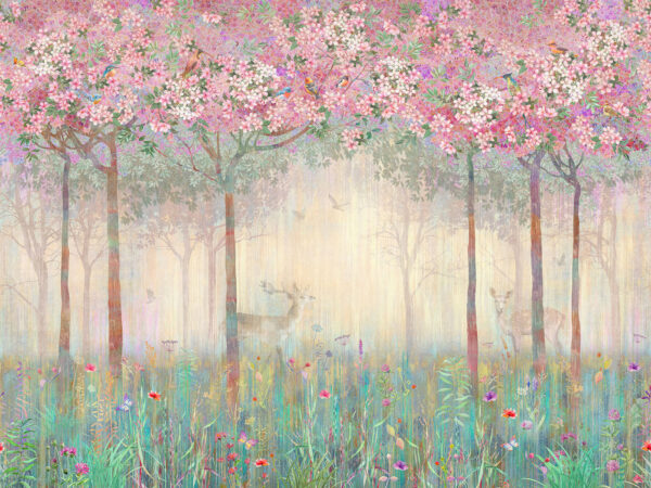 Gemälde eines Waldes mit Bäumen und Blumen Gemälde eines Waldes mit Bäumen und Blumen