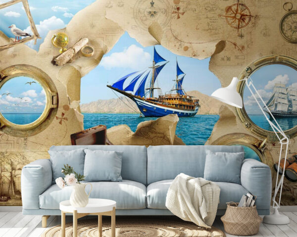 Piratenschatzkarte mit einem Schiff im Wasser Piratenschatzkarte mit einem Schiff im Wasser