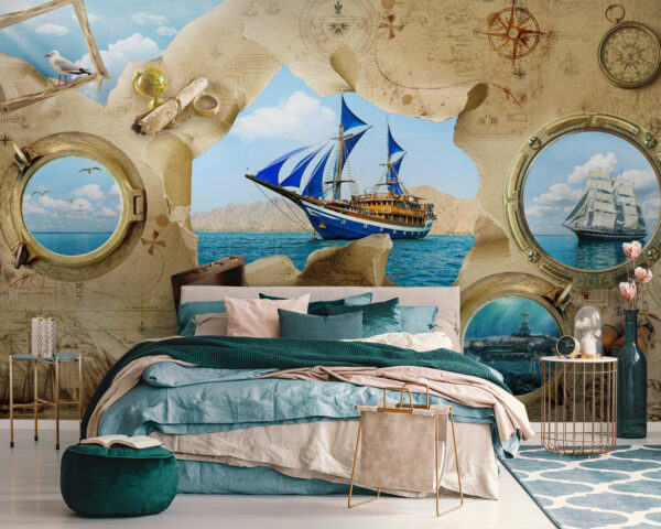 Piratenschatzkarte mit einem Schiff im Wasser Piratenschatzkarte mit einem Schiff im Wasser