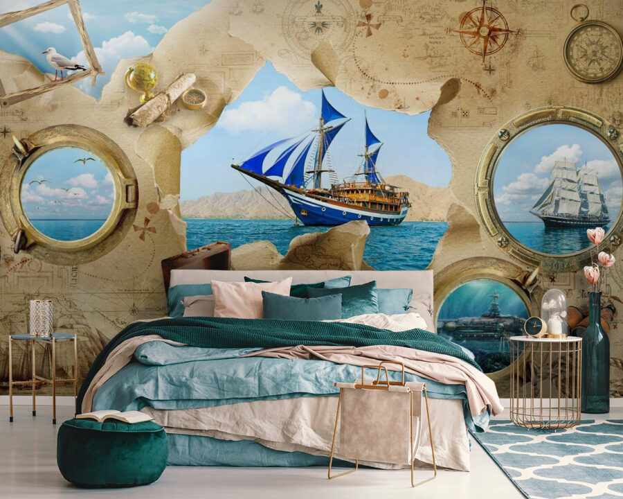 Piratenschatzkarte mit einem Schiff im Wasser Piratenschatzkarte mit einem Schiff im Wasser