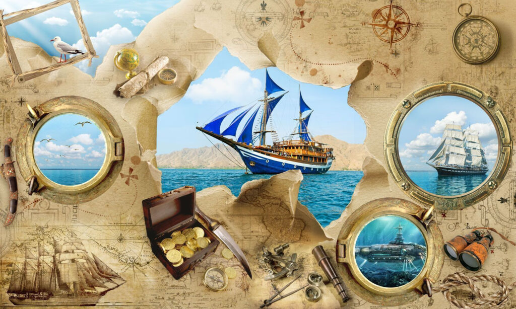 Piratenschatzkarte mit einem Schiff im Wasser Piratenschatzkarte mit einem Schiff im Wasser