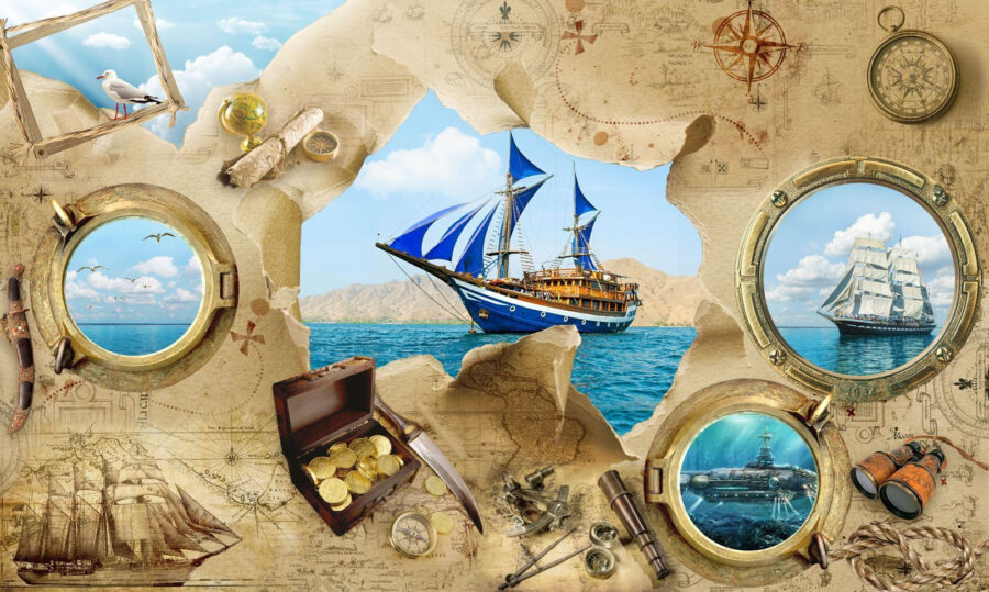 Piratenschatzkarte mit einem Schiff im Wasser Piratenschatzkarte mit einem Schiff im Wasser