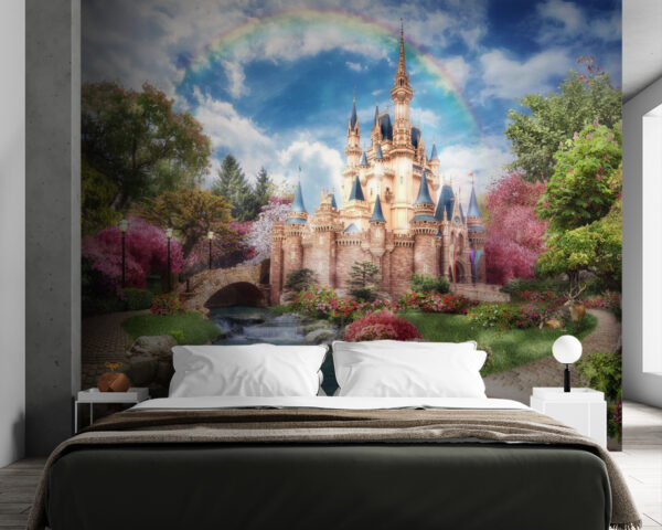 Schloss mit einem Teich und einem Regenbogen Schloss mit einem Teich und einem Regenbogen