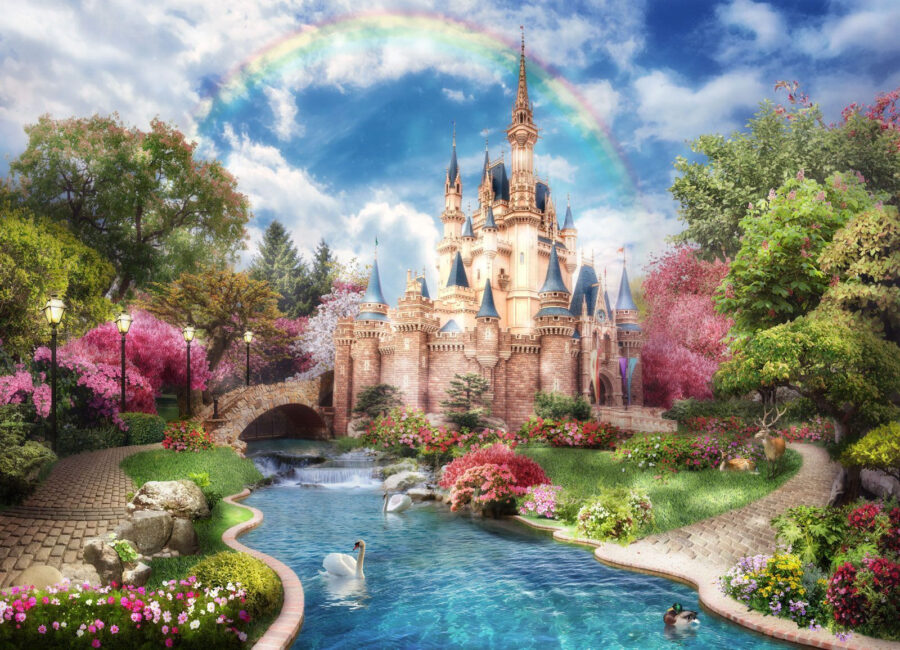 Schloss mit einem Teich und einem Regenbogen
