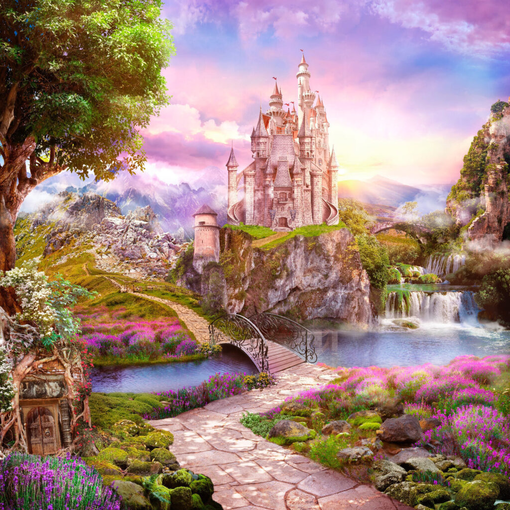 Schloss auf einer Klippe mit Wasserfall und Brücke Schloss auf einer Klippe mit Wasserfall und Brücke