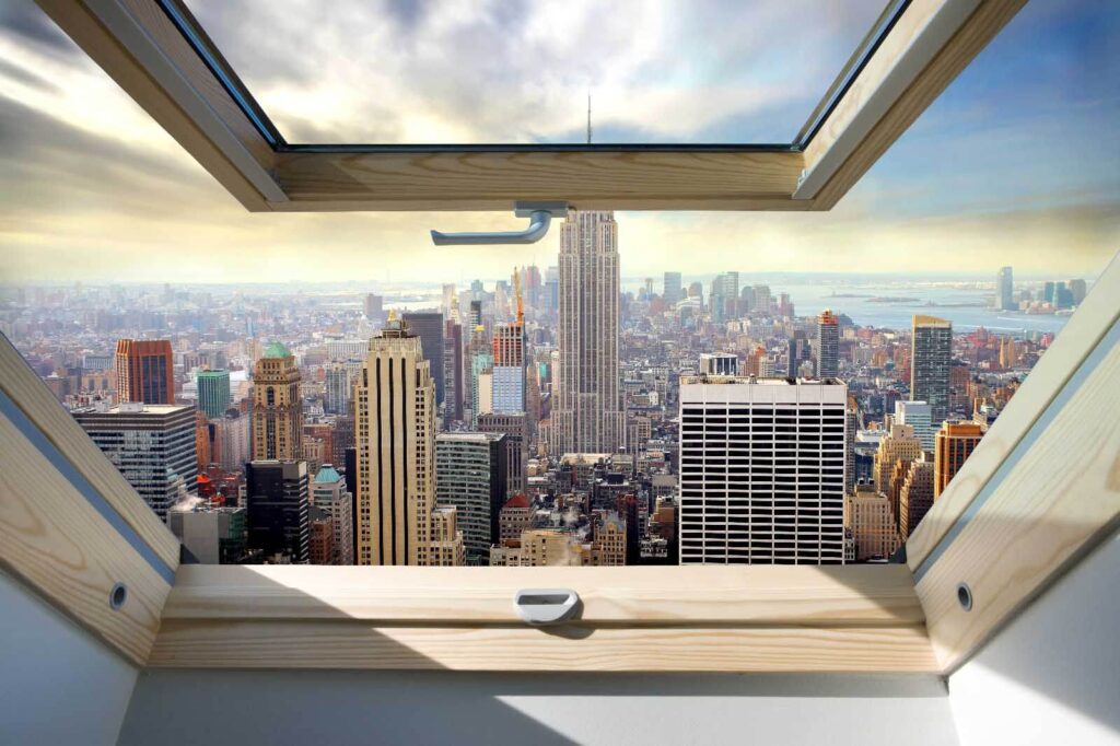 Fenster mit Blick auf eine Stadt Fenster mit Blick auf eine Stadt