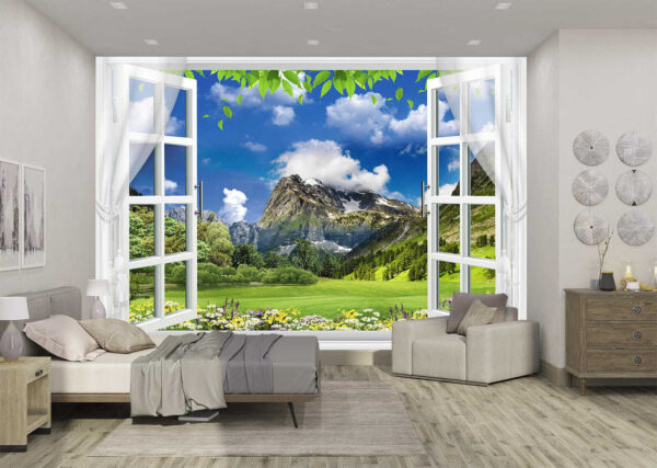 Fenster mit Blick auf eine Bergkette und Bäume Fenster mit Blick auf eine Bergkette und Bäume